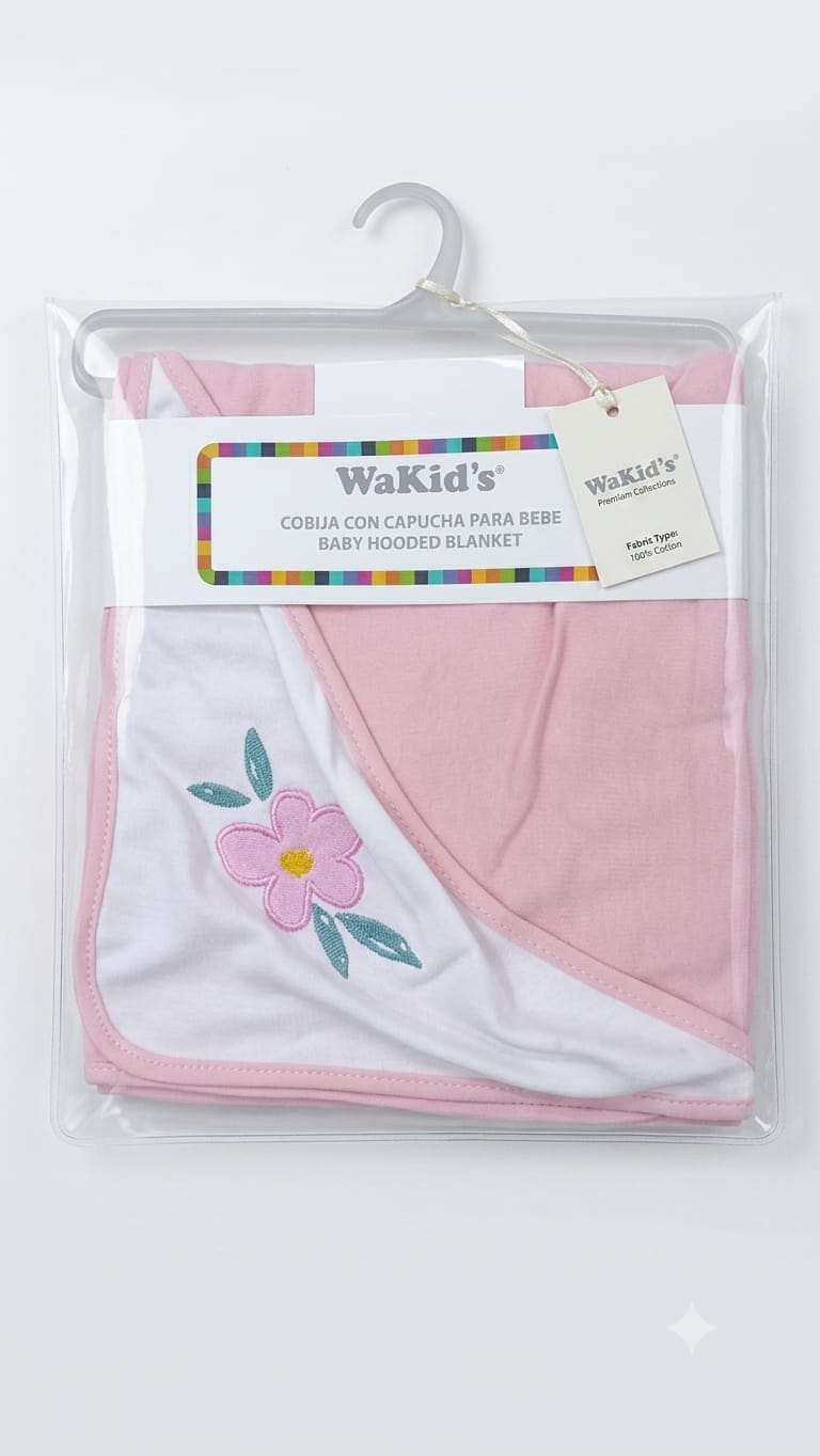 Cobija con Capucha para Bebé WaKid's – Rosa con Bordado de Flor