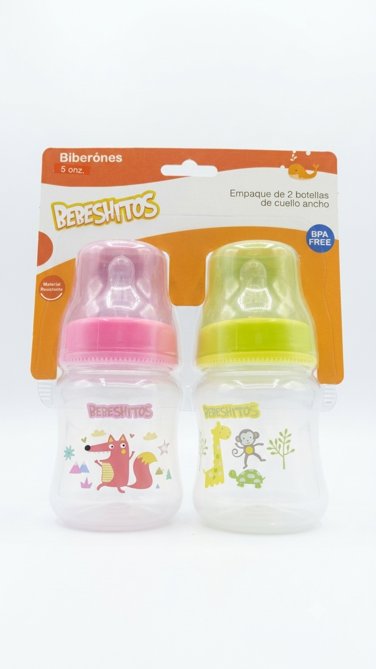 Pack de 2 Biberones Bebeshitos (5 onz / 150 ml) – Cuello Ancho y Divertidos Diseños