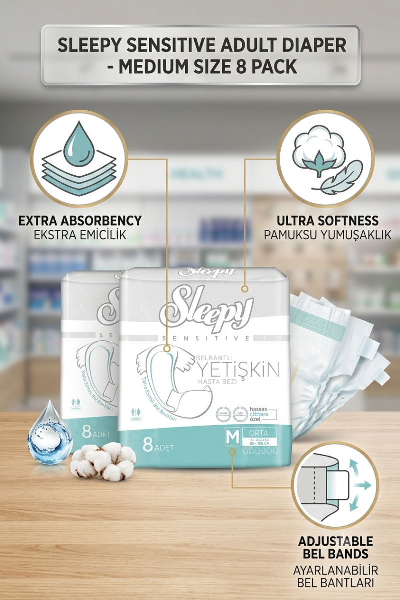 Pañales para Adultos Sleepy Sensitive – Talla M (8 unidades)
