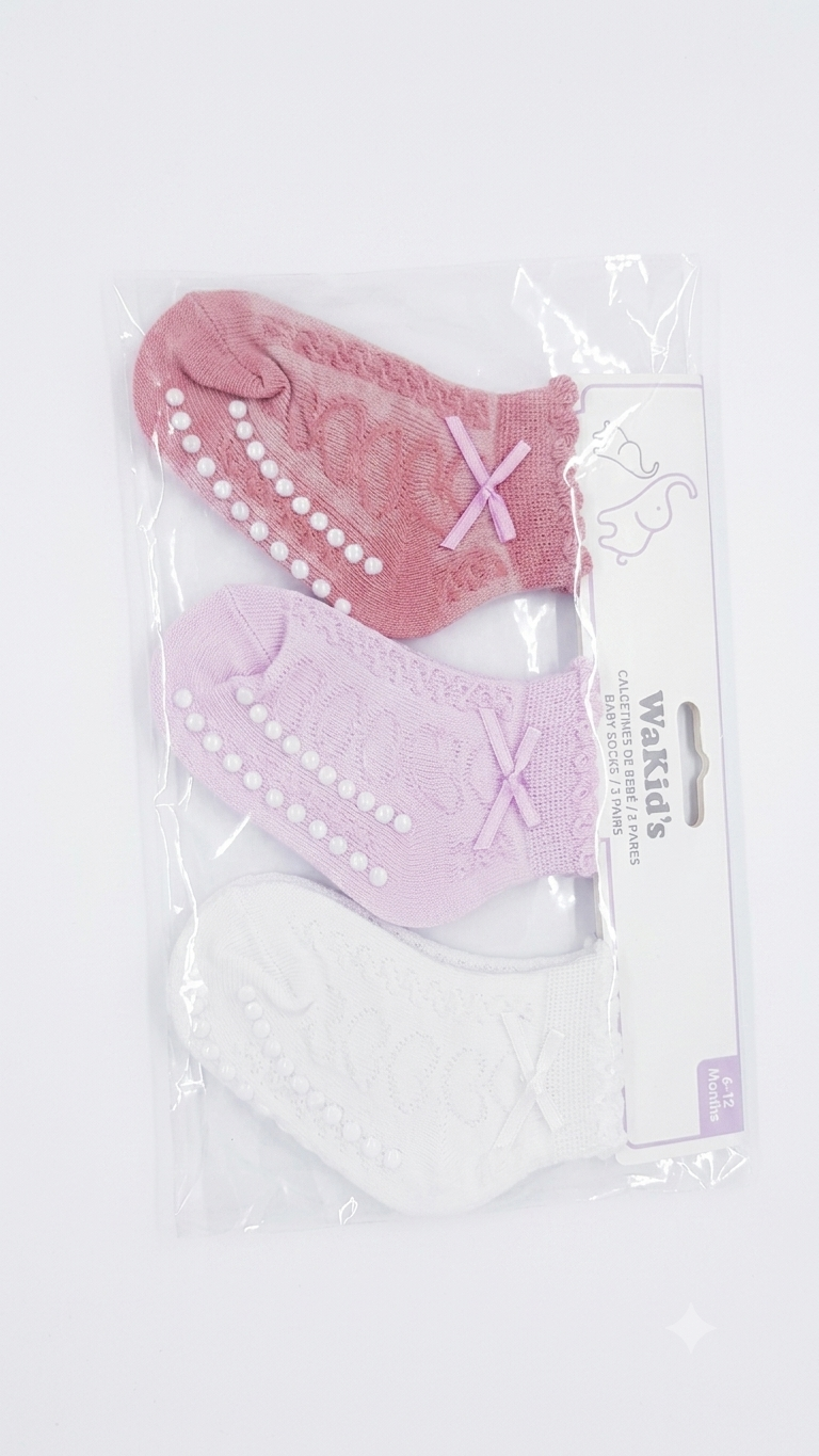 🧦 Set de Calcetines Antideslizantes con Encaje y Moño para Bebé WaKid's (3 Pares)